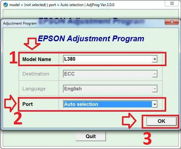 Epson-L380-resetter-step-three-Select-Model-Name-and-Port